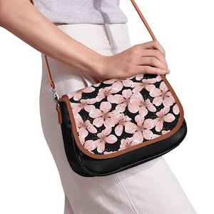 Cherry Blossom Floral Small Leather Shoulder Bag Women Japanese Inspired Hand Bag Crochet Canvas Custom Purse Bag Sakura Cute Kawaii Design