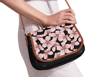 Cherry Blossom Floral Small Leather Shoulder Bag Women Japanese Inspired Hand Bag Crochet Canvas Custom Purse Bag Sakura Cute Kawaii Design