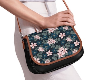 Cherry Blossom Floral Small Leather Shoulder Bag Women Japanese Inspired Hand Bag Flowers Canvas Custom Purse Bag Sakura Cute Kawaii Design