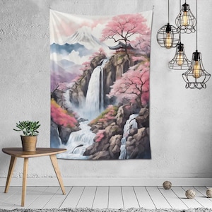 May include: A watercolour painting depicting a Japanese landscape featuring a waterfall, cherry blossom trees, and a small temple. The painting is in shades of pink, blue, and green.