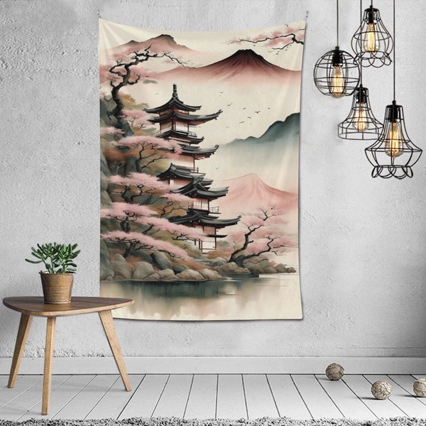 Japonais Mont Fuji Tapisserie Murale Suspendue Décor à la maison Nature Esthétique Art Cadeau Personnalisé JDM Montagne Rose Noir Mignon Fleur de Cerisier Sakura