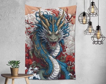 Japanese Dragon Tapestry Wall Hanging Home Decor Aesthetic Art Gift Custom JDM Chinese Fantasy Creature Red Blue Traditional Anime Dorm Fire