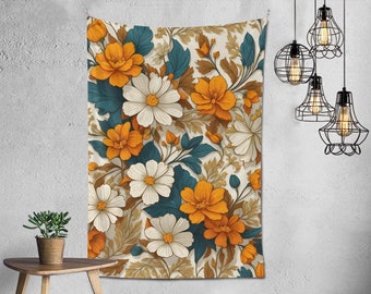 Boho Wild Flowers Tapestry Wall Hanging Home Decor Aesthetic Art Custom Gift Abstract Retro Vintage Earthy Dorm Girl Room Orange Blue Floral