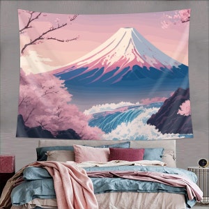 日本の富士山タペストリー 壁掛け ホームデコレーション 自然 美的 アート ギフト カスタム JDM マウンテン 寮 ピンク ブルー かわいい 桜 サクラ