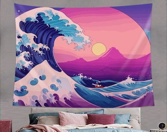 Kanagawa Wave Tapisserie Murale Suspendue Décoration d’intérieur Nature Esthétique Art Cadeau Personnalisé JDM Grand Dortoir Japonais Violet Bleu Mignon Océan Mer Sakura