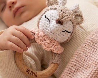 Custom Engraved Name Baby Rattle Toy Personalized Crochet Animal Newborn Shower Gift Montessori Wooden Ring Grasping Teether Boy Girl Mom