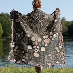 Cottagecore Floral Mushrooms Woven Blanket Vintage Tapestry Hanging Home Decor Cotton Cozy Throw Fungi Jacquard Fringed Gift Him Her Couple