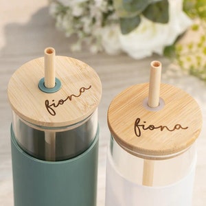 Personalized Glass Tumbler Engraved Silicone Bamboo Lid Straw Custom Name Gift for Iced Coffee Beer Soda Can Glass Mug Cup Bridesmaid Favors