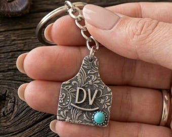 Personalized Cow Tag Keychain Custom Cattle Brand Logo Initials Keyring Turquoise Western Vintage Tooled Silver Gift Her Ranch Cowgirl Boho