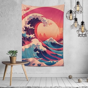 May include: A tapestry depicting a large, blue and purple wave crashing against a pink and orange sunset. The wave is styled in a Japanese art style, with white foam and a mountain in the background.