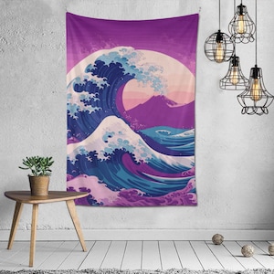 May include: A purple and blue tapestry featuring a large wave with a mountain in the background. The wave is a stylised depiction of the Great Wave off Kanagawa, a famous Japanese woodblock print.