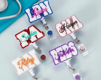 Personalized Glitter Name Tag Badge Reel Holder for Nurse Acrylic Custom Gift Work ID Key Card Monogram Initials RN LPN Cute Clip Teacher