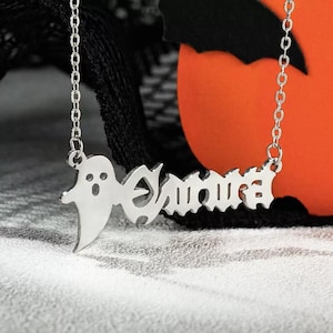 Old English Name Necklace Personalized Gothic Gold Black Pink Custom Initial Charm Goth Nameplate Gift Monogram Dainty Ghost Bat Spooky Font