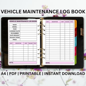 Printable Vehicle Maintenance Log Book Expense Tracker Planner Check List Journal Car Repair Log Notebook PDF A4 Service Cute Pink Template