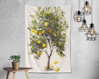 Boho Akwarela Cytryna Drzewo Gobelin Wisząca Na Ścianie Wystrój Domu Cytrusy Botaniczny Vintage Natura Estetyczna Sztuka Wydruk Prezent Niestandardowy Pokój Cottagecore
