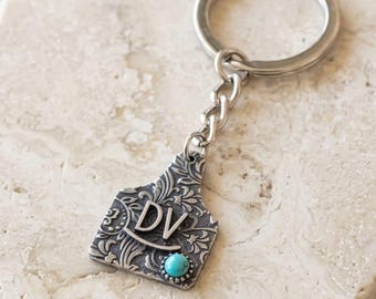 Personalized Cow Tag Keychain Custom Cattle Brand Logo Initials Keyring Turquoise Western Vintage Tooled Silver Gift Her Ranch Cowgirl Boho