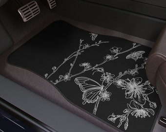 Cherry Blossom Sakura Car Floor Mats Set Custom JDM Japanese Inspired Butterfly Floral Design Graphic Black White Minimalist Anime Kawai Art