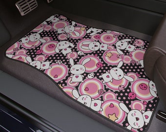 Kawaii Bunny Pink Car Floor Mats Set Cute Car Mats Manga Anime Rabbit Car Carpet Liners Pink Heart Sweet Strawberry Milk for Girl JDM Dots