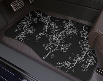 Cherry Blossom Sakura Car Floor Mats Set Custom JDM Car mats Japanese Inspired Floral Design Graphic Black White Minimalist Cute Anime Kawai