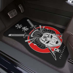 May include: Black car floor mat with a red circle, a white geisha illustration, two swords, and the Japanese text "武士道" (Bushido).