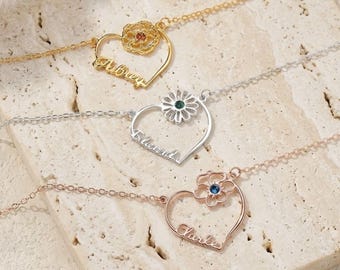 Custom Name Heart Birthstone Birth Flower Necklace Personalized Dainty Gemstone Pendant Jewelry Birthday Gift Her Mom Silver Rose Gold 18K