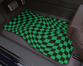 Checkered Car Floor Mats Green Custom JDM Car Mats Checkered Design Black JDM Anime Design Custom Car Mats Modern Custom JDM Green Car Mats