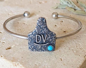 Personalized Cow Tag Bracelet Custom Cattle Brand Logo Initials Turquoise Western Jewelry Vintage Tooled Silver Gift Her Ranch Cowgirl Boho