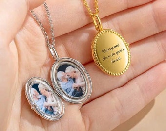 Custom Photo Locket Necklace Personalized 2 Picture Engraved Name Oval Pendant Vintage Silver Rose Gold Memorial Keepsake Gift Mom Grandma