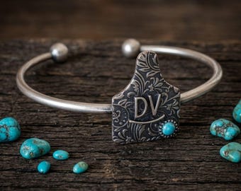 Personalized Cow Tag Bracelet Custom Cattle Brand Logo Initials Turquoise Western Jewelry Vintage Tooled Silver Gift Her Ranch Cowgirl Boho