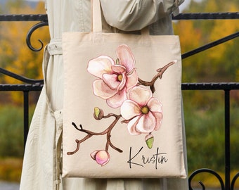 Niestandardowa nazwa Torba Tote Kwiatowy Spersonalizowany Kwiat Wiśni Plaża Zakupy Biblioteka Prezent Jej Podróż Druhna Upominek Duży Codzienny Estetyczny Sakura