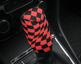 Checkered Car Shift Knob Cover Red JDM Accessories Interior Decor gift for Her Custom Black Anime Design Japanese Gear Shifter Beanie Tuning