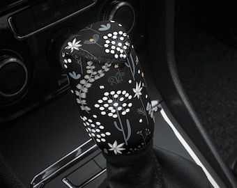 Boho Floral Car Shift Knob Cover Retro Interior Decor Gift for Women Girl Cute Pattern Black White Botanical Mom Plant Art Cottagecore Witch