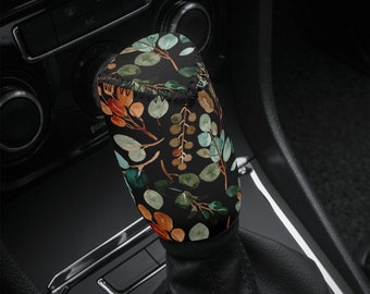 Floral Boho Car Shift Knob Cover Boot Custom Flowers Design Graphic Black Cottagecore Cute Charm Gear Shifter Bottanical Plant Rustic Decor