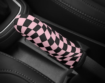 Checkered Car Handbrake Cover Pink JDM Accessories Interior Decor gift for Her Custom Black Anime Design Japanese Cute Kawaii Charm Checkers