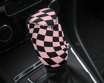 Checkered Car Shift Knob Cover Pink JDM Accessories Interior Decor Gift Her Custom Black Anime Design Gear Shifter Beanie Cute Kawaii Charm