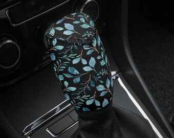 Blue Flowers Boho Car Shift Knob Cover Boot Custom Floral Design Graphic Black Cottagecore Cute Kawai Charm Gear Shifter Bottanical Plant