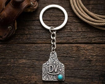 Personalized Cow Tag Keychain Custom Cattle Brand Logo Initials Keyring Turquoise Western Vintage Tooled Silver Gift Her Ranch Cowgirl Boho