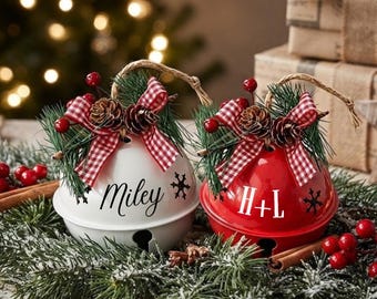 Personalized Name Christmas Jingle Bells Custom Initials Pine Cone Bow Holiday Tree Decor Family Keepsake Bauble Ornament Gift Kids Couple