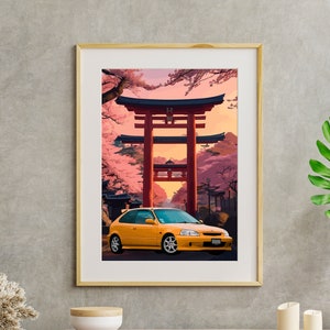あなたの写真によるカスタムカーポートレート 日本の印刷可能な壁アート 鳥居 桜 ジャパンディ デコレーション パーソナライズされた JDM カーガイ 愛好家 ギフト プリント