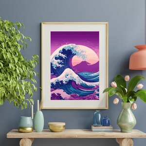 May include: A framed print of a Japanese wave design in a vibrant purple, blue, and white color scheme. The wave is depicted in a stylized, artistic manner, reminiscent of traditional Japanese woodblock prints.