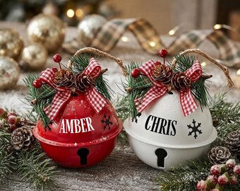 Personalized Name Christmas Jingle Bells Custom Initials Pine Cone Bow Holiday Tree Decor Family Keepsake Bauble Ornament Gift Kids Couple