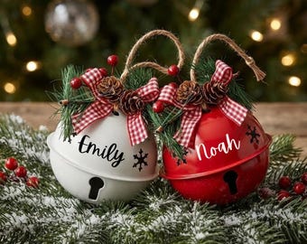 Personalized Name Christmas Jingle Bells Custom Initials Pine Cone Bow Holiday Tree Decor Family Keepsake Bauble Ornament Gift Kids Couple