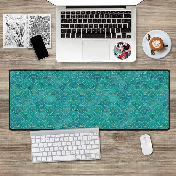 Japanese Turquoise Gaming Desk Mat Aesthetic Custom Large Cute Mouse Pad Gift Teal Gold Boho Sea Ocean Waves Dark Abstract Mint Kawaii Cyan