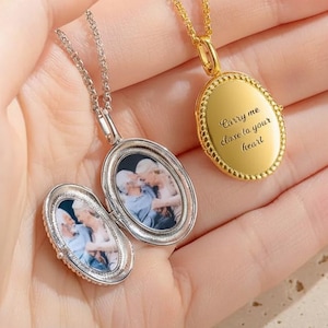 Collar con medallón de foto personalizado, colgante ovalado con nombre grabado en dos imágenes, plata vintage, oro rosa, recuerdo conmemorativo, regalo para mamá y abuela.