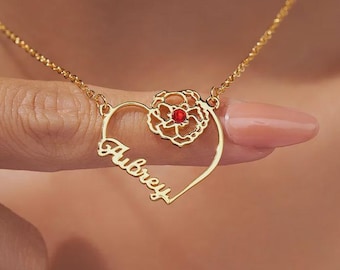 Custom Name Heart Birthstone Birth Flower Necklace Personalized Dainty Gemstone Pendant Jewelry Birthday Gift Her Mom Silver Rose Gold 18K