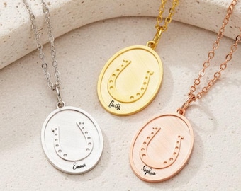 Custom Engraved Name Horseshoe Necklace Personalized Cowgirl Dainty Lucky Western Oval Pendant Jewelry Gift Her Mom Silver Rose Gold 18K