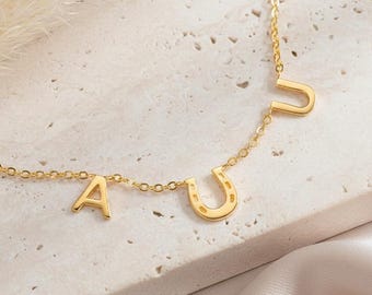 Custom Two Initials Horseshoe Necklace Personalized Double Letter Cowgirl Dainty Lucky Western Jewelry Gift Her Mom Silver Rose Gold 18K