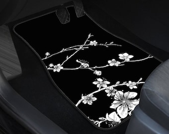 Cherry Blossom Sakura Car Floor Mats Set Custom JDM Car mats Japanese Inspired Floral Design Graphic Black White Minimalist Cute Anime Kawai
