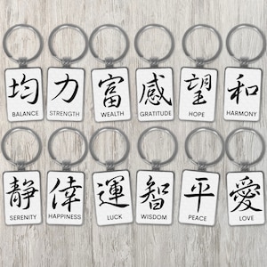 Japanese Kanji Keychain Metal JDM Kanjism Calligraphy Writing Strength Love Wealth Custom Typography Word Japandi Art Gift Him Foreign Name