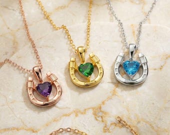 Personalized Horseshoe Birthstone Necklace Custom Cowgirl Dainty Lucky Gemstone Western Pendant Jewelry Gift Her Mom Silver Rose Gold 18K